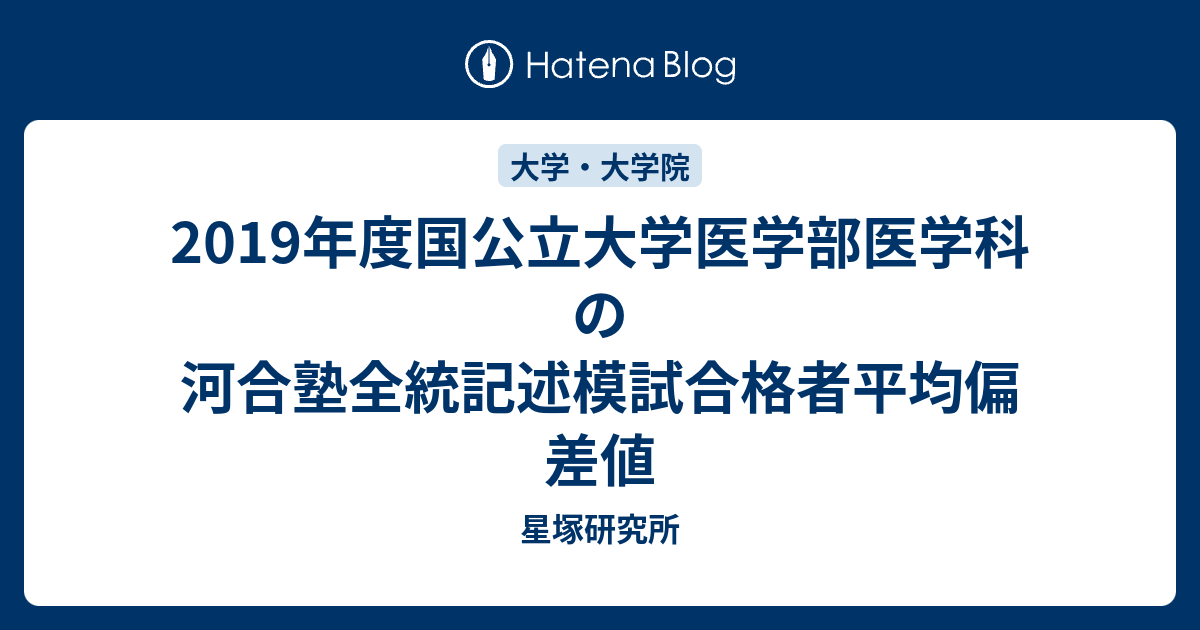 19年度国公立大学医学部医学科の河合塾全統記述模試合格者平均偏差値 星塚研究所