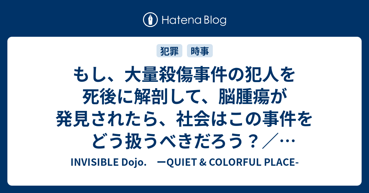 もし 大量殺傷事件の犯人を死後に解剖して 脳腫瘍が発見されたら 社会はこの事件をどう扱うべきだろう そういえば本日 宮崎勤の犯罪がドラマに Invisible D ーquiet Colorful Place