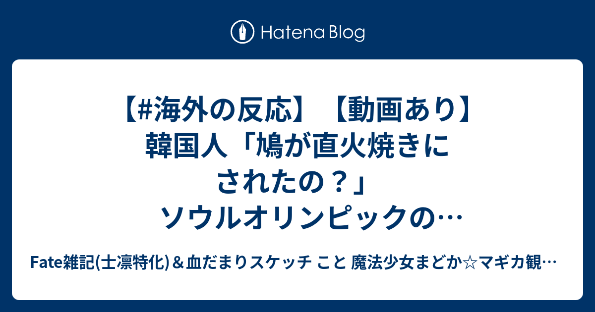 海外の反応 動画あり 韓国人 鳩が直火焼きにされたの ソウルオリンピックの聖火点火式で起こった惨事をご覧ください 韓国の反応 Fate雑記 士凛特化 血だまりスケッチ こと 魔法少女まどか マギカ観測所