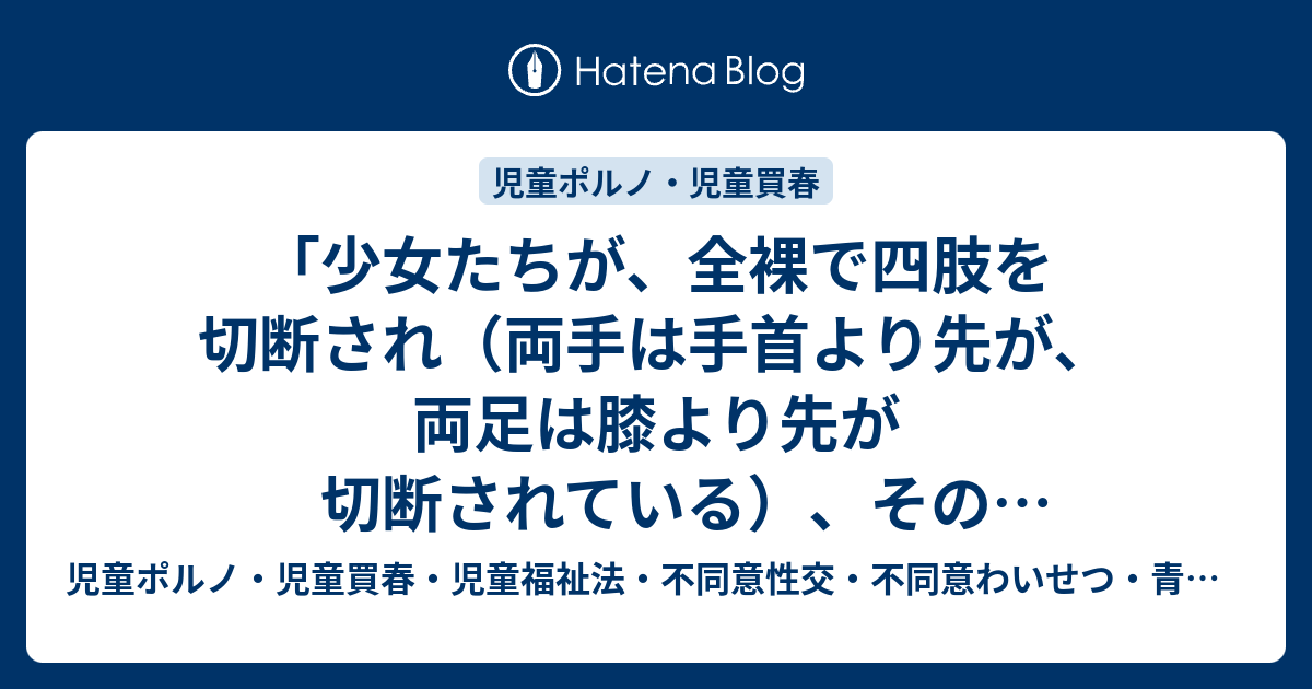 少女たちが 全裸で四肢を切断され 両手は手首より先が 両足は膝より先が切断されている その切断部分に包帯が巻かれた 状態で 首輪をつけられ 四つんばいなどの姿勢をとらされている絵 は児童ポルノではない 児童ポルノ 児童買春 児童福祉法 監護者性交