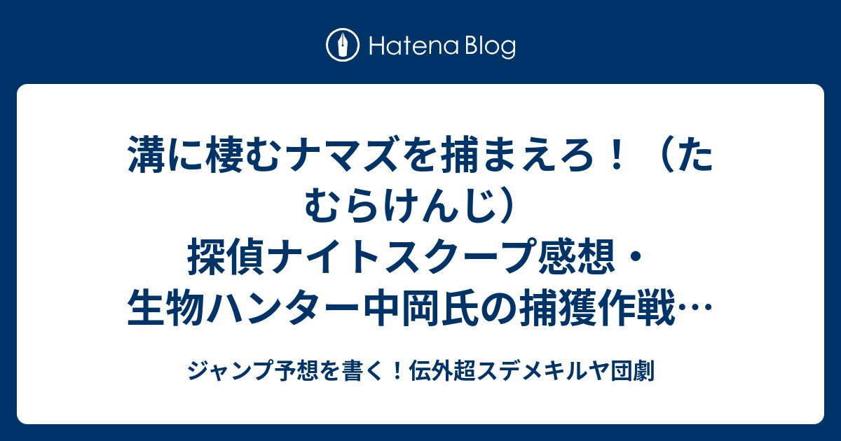 溝に棲むナマズを捕まえろ たむらけんじ 探偵ナイトスクープ感想 生物ハンター中岡氏の捕獲作戦が面白い ジャンプ予想を書く 伝外超スデメキルヤ団劇