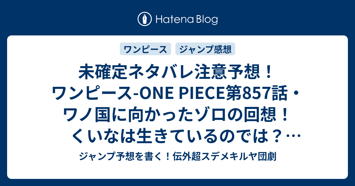 未確定ネタバレ注意予想 ワンピース One Piece 第857話 ワノ国に向かったゾロの回想 くいなは生きているのでは キンエモンの仲間と合流 858話で事件発生なのか ジャンプ感想未来 画バレなし ジャンプ予想を書く 伝外超スデメキルヤ団劇