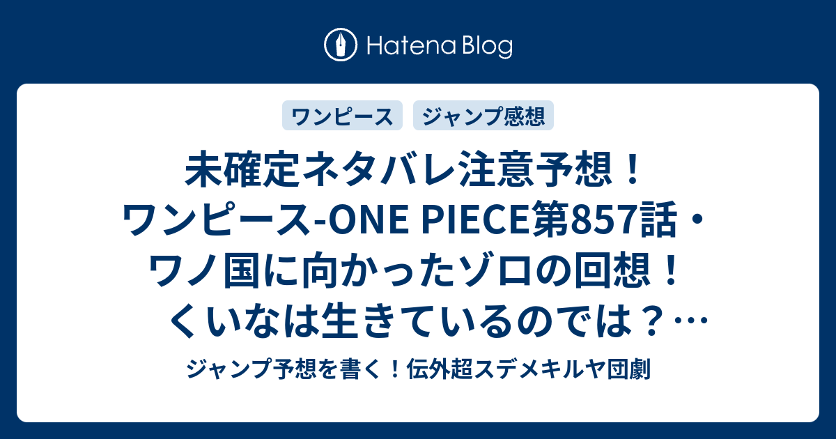 未確定ネタバレ注意予想 ワンピース One Piece第857話 ワノ国に向かったゾロの回想 くいなは生きているのでは キンエモンの仲間と合流 858話 で事件発生なのか ジャンプ感想未来 画バレなし ジャンプ予想を書く 伝外超スデメキルヤ団劇