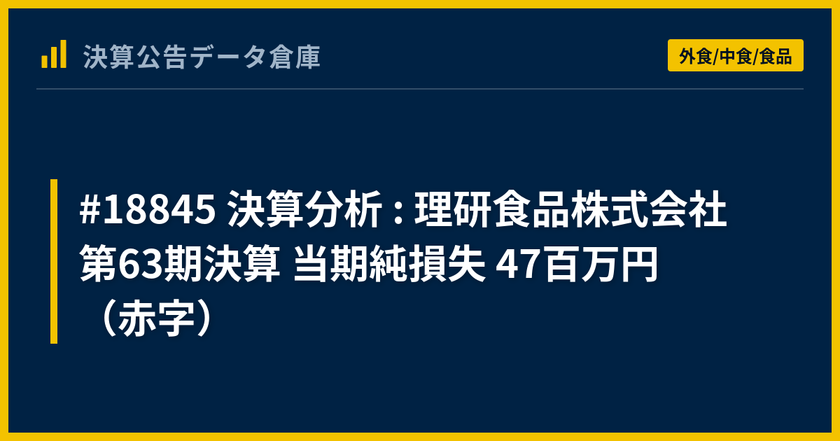 18845 決算分析 : 理研食品株式会社 第63期決算 当期純損失 47百万円