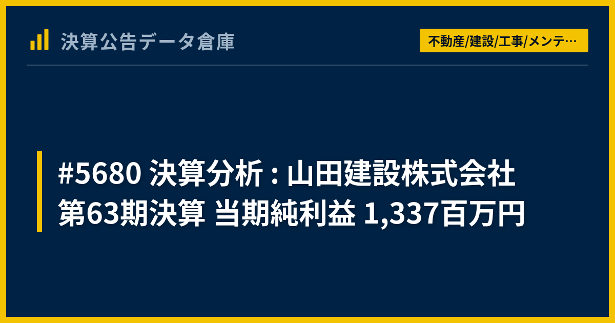 5680 決算分析 : 山田建設株式会社 第63期決算 当期純利益 1,337百万円