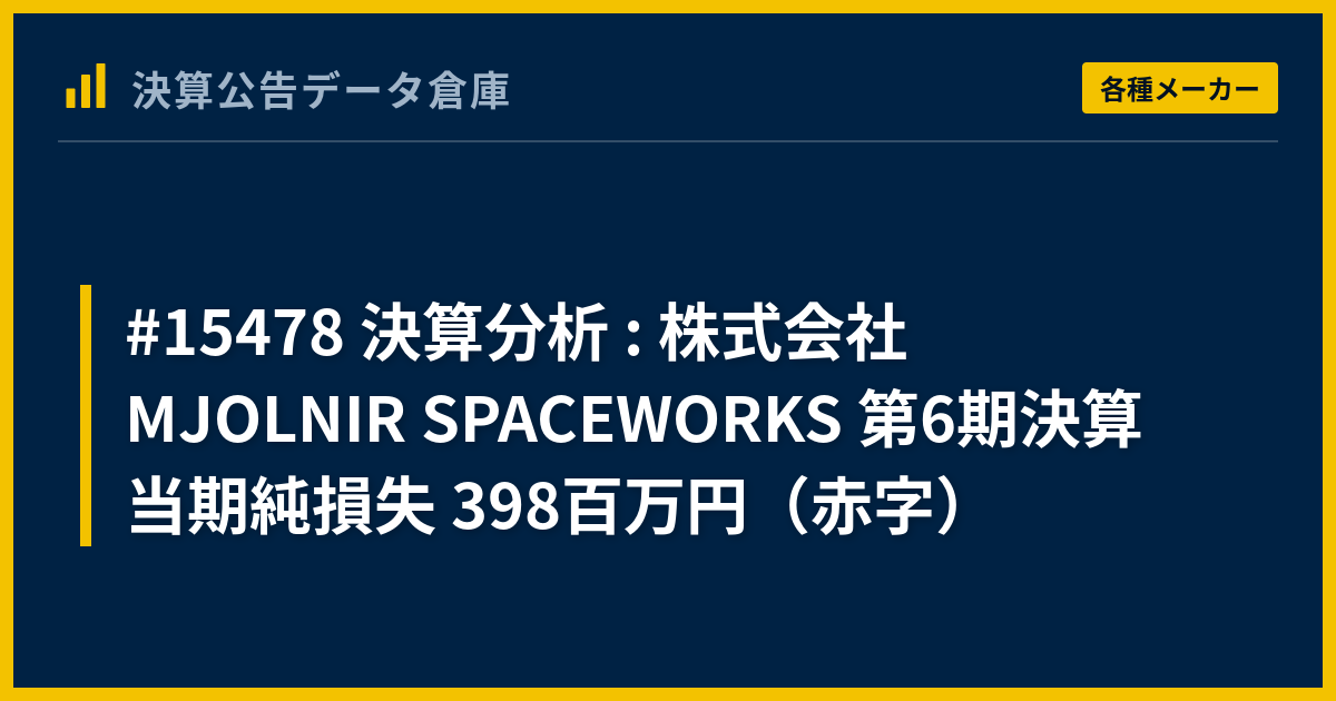 #15478 決算分析 : 株式会社MJOLNIR SPACEWORKS 第6期決算 当期純損失 398百万円（赤字） - 決算公告データ倉庫