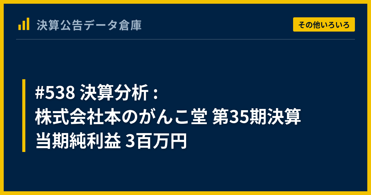 #538 決算分析 : 株式会社本のがんこ堂 第35期決算 当期純利益 3百万円 - 決算公告データ倉庫