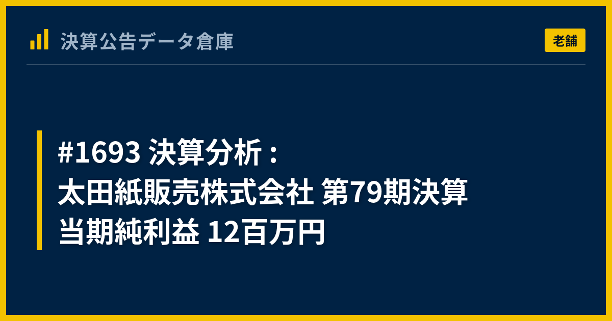 1693 決算分析 : 太田紙販売株式会社 第79期決算 当期純利益 12百万円