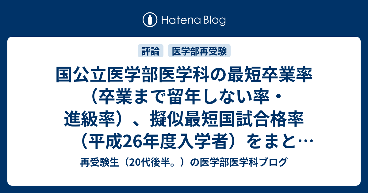 国公立医学部医学科の最短卒業率 卒業まで留年しない率 進級率 擬似最短国試合格率 平成26年度入学者 をまとめてみた 再受験生 代後半 の 医学部医学科ブログ