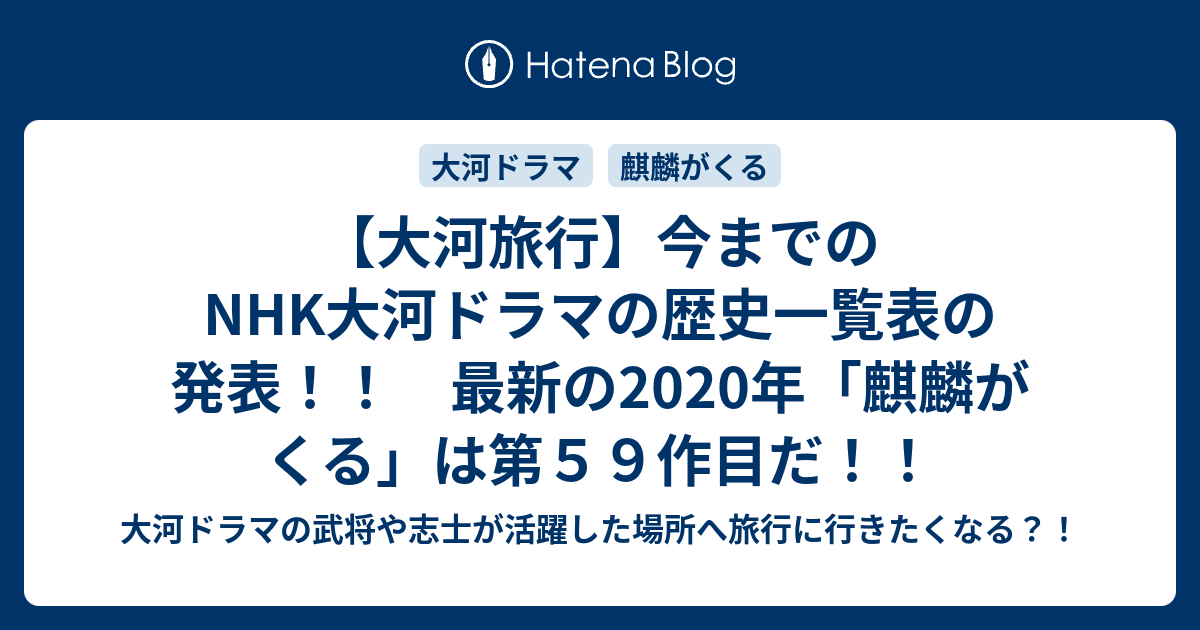 大河旅行 今までのnhk大河ドラマの歴史一覧表の発表 最新の年 麒麟がくる は第５９作目だ 大河ドラマの武将や志士が活躍した場所へ旅行に行きたくなる