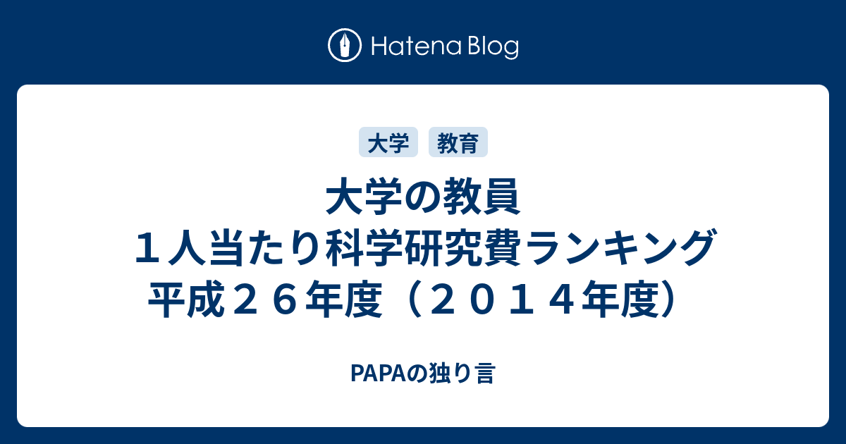 大学の教員１人当たり科学研究費ランキング 平成２６年度 ２０１４年度 Papaの独り言